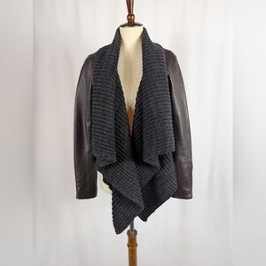 Lucky Brand Leather Jacket Sweater Shawl Collar Zip Pockets Open Front Sz Small